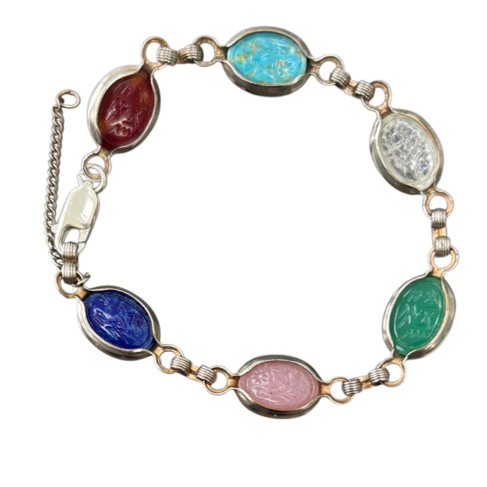 Vintage Scarab Bracelet Silver Retro Jewelry 60s MCM Carved Multicolor Stones - Picture 5 of 12